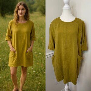 Ayrtight Chartreuse Linen Tunic Dress with Pockets S